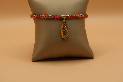 Dangling Virgin de Guadalupe Red & Gold With Evil Eye Bracelet