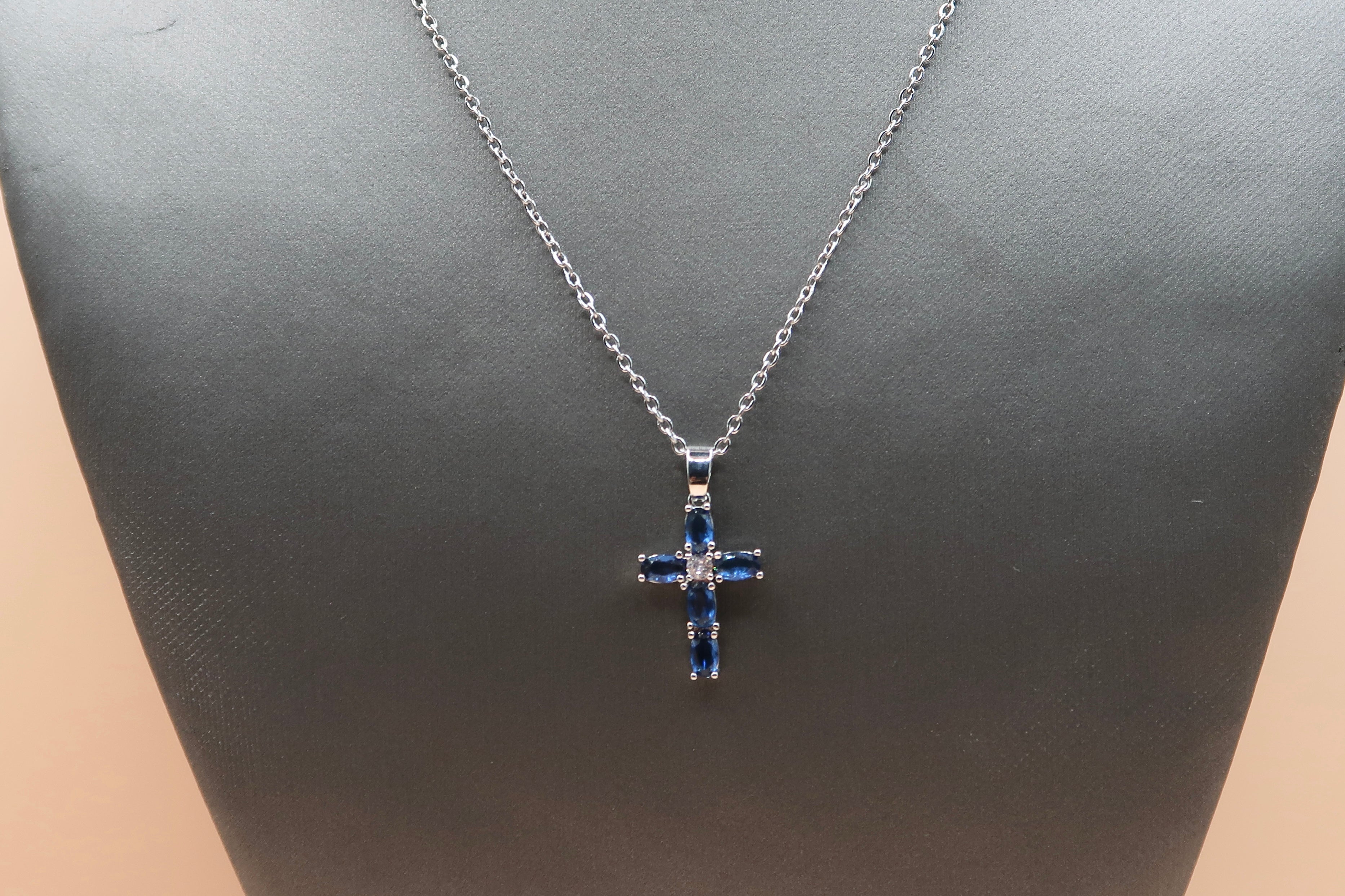 Blue diamonds cross necklace