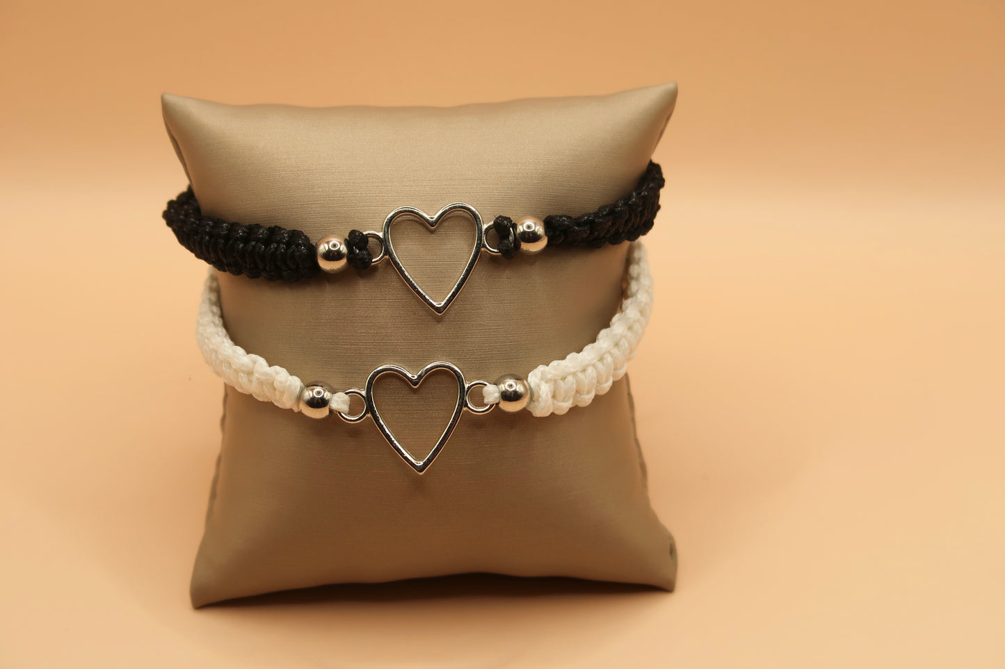 Black & white Silver Heart Matching Bracelet Set