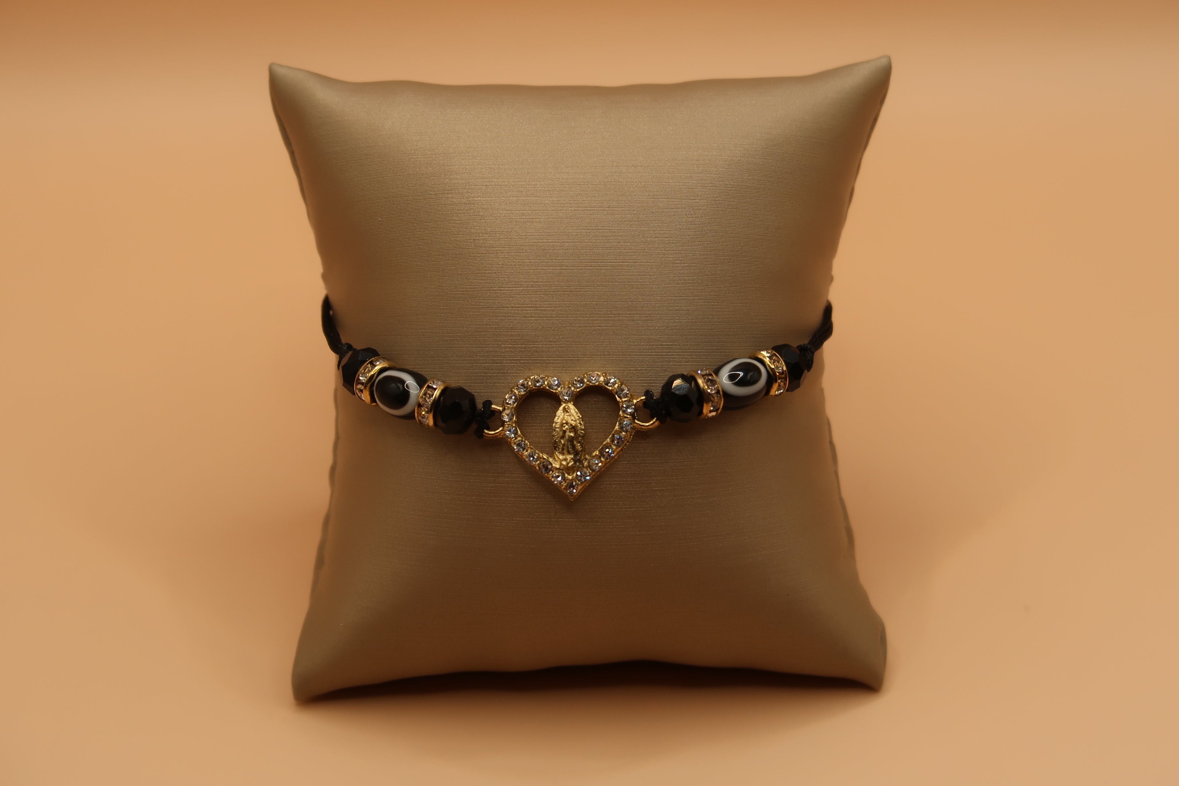 Heart Virgin De Guadalupe Black with Evil Eye Bracelet