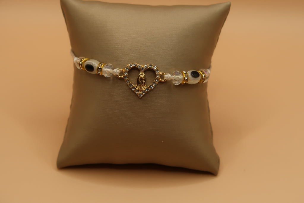 Heart Virgin De Guadalupe White  with Evil Eye Bracelet