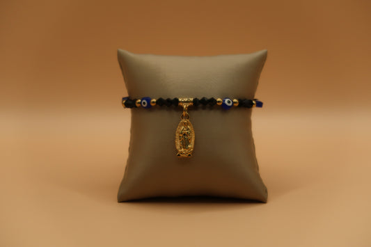Dangling Virgin de Guadalupe black & Gold With Evil Eye Bracelet