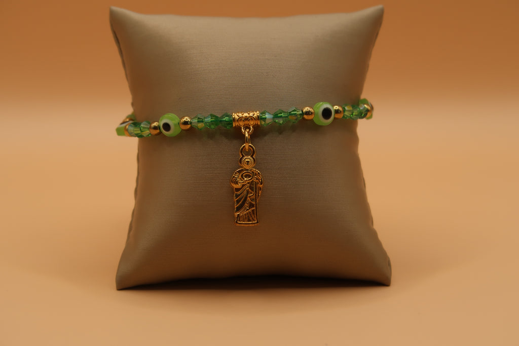Dangling San Judas lime green evil eye bracelet