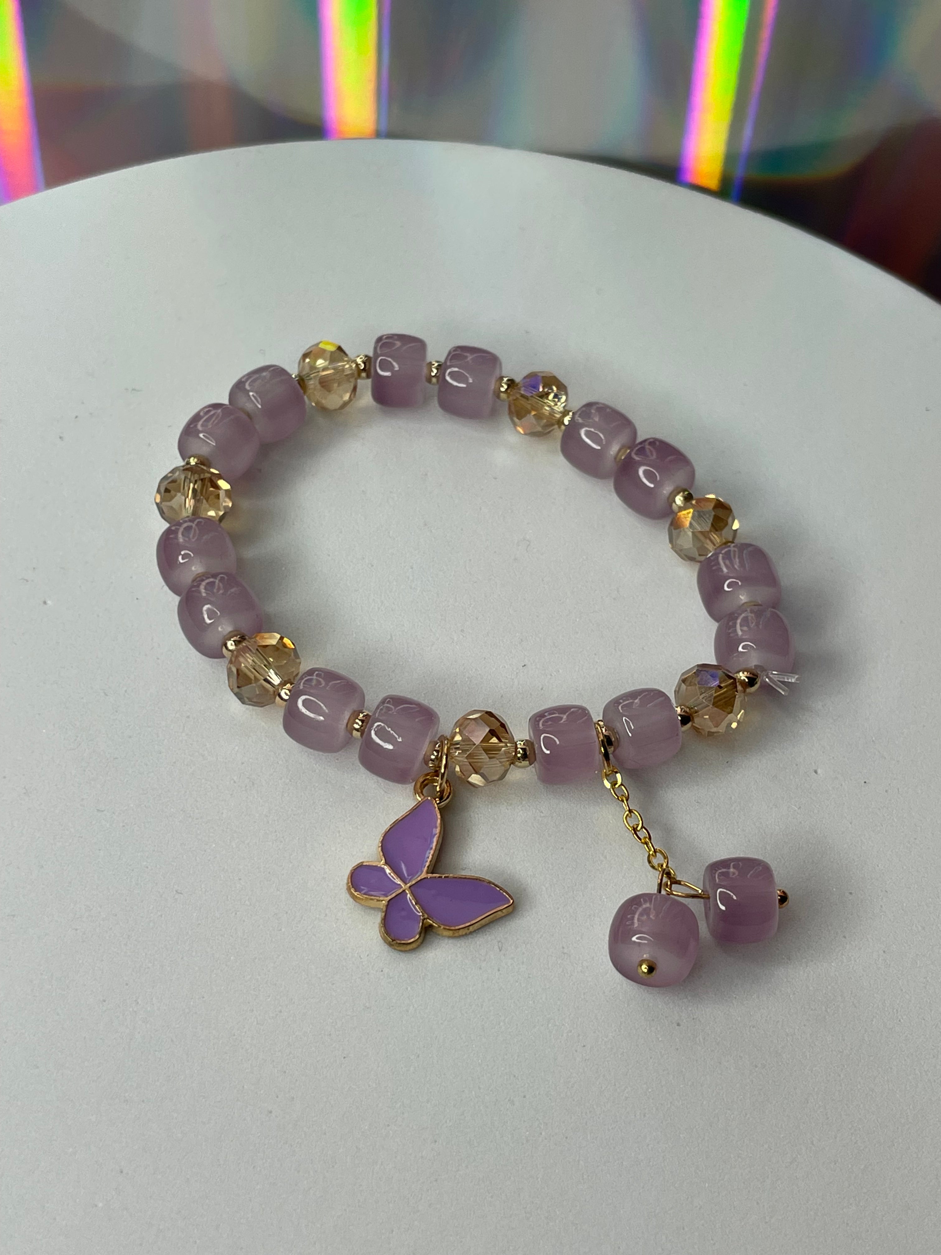 Light Purple Light Brown Butterfly Beaded Bracelet